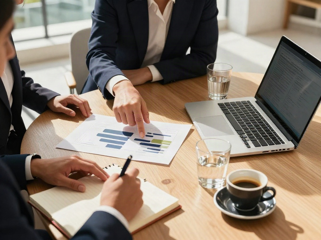 Colleagues reviewing business charts and making notes together at a sunlit conference table